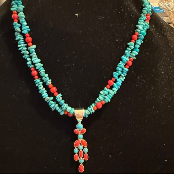 Jay King Andean DTR Turquoise Red Sea Bamboo Coral Pendant Statement Necklace - Picture 1 of 11